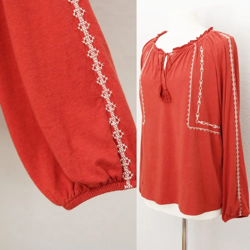 Garnet Hill Organic Cotton Tencel Blend Cross Stitch Embroidered Peasant Top M - Picture 12 of 14